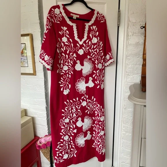 FRANCES VALENTINE Red & White Katy Peacock Caftan Maxi - Picture 3 of 6